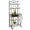 5-Tier Metal Kitchen Bakers Rack ;  Microwave Storage Rack Oven Stand with Wine Storage Organizer Workstation Black (25" x 16" x 68")